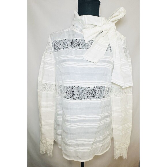 CHELSEA‎ AND WALKER Bow Blouse Ivory Silk Lace Long Sleeve Blouse Women's 6 - Picture 3 of 16